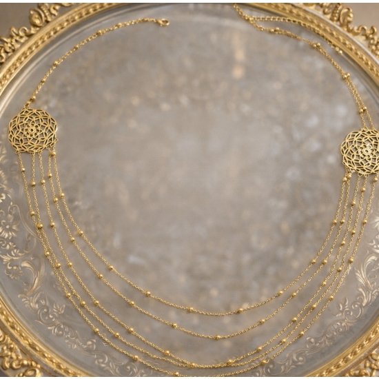 Subtelny, wielorzędowy naszyjnik w złotym kolorze z ażurowymi elementami.